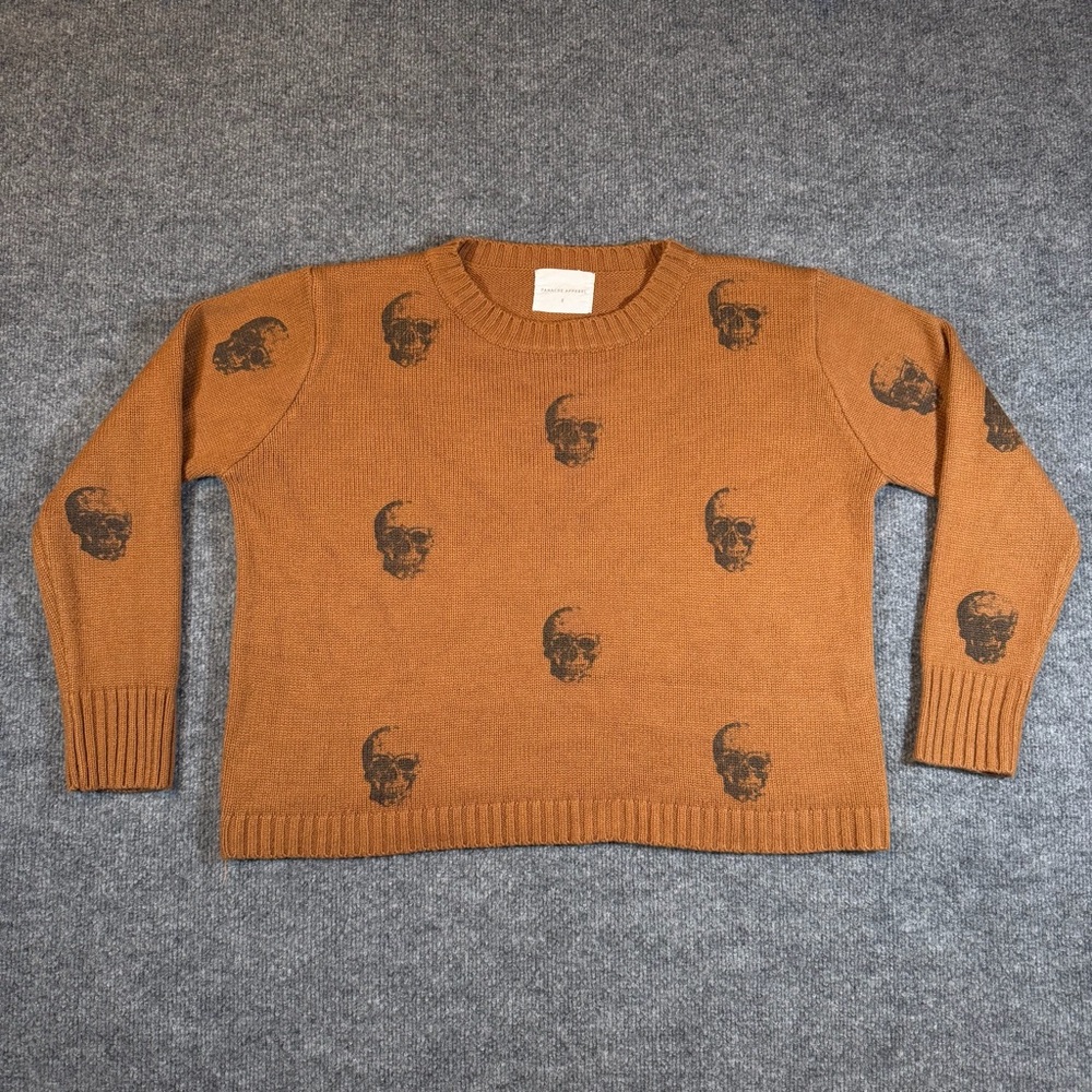 Panache Apparel All Over Skull Knit‎ Sweater Womens S Caramel Brown